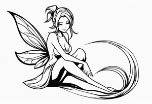 No color fairy with a tail inspired by the logo of the show called Fairy Tail in a fetal position leaning in tattoo idea