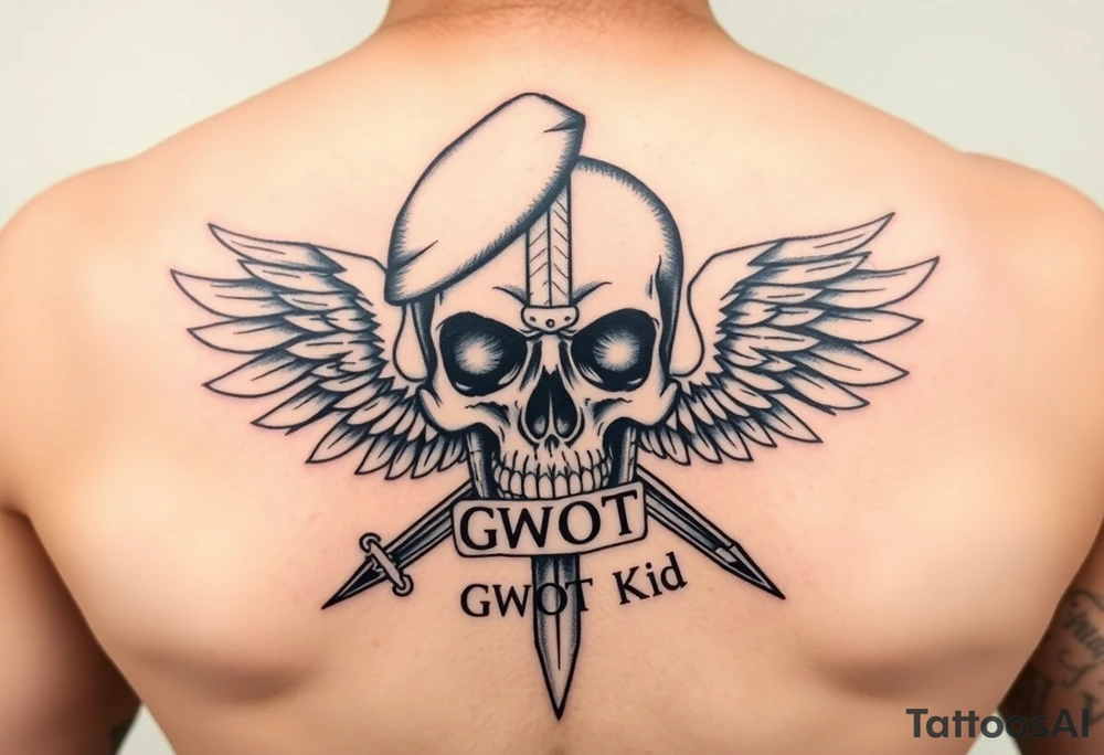Create me military tattoo with skull, sword, beret on skull and word that say GWOT kid with wings tattoo idea