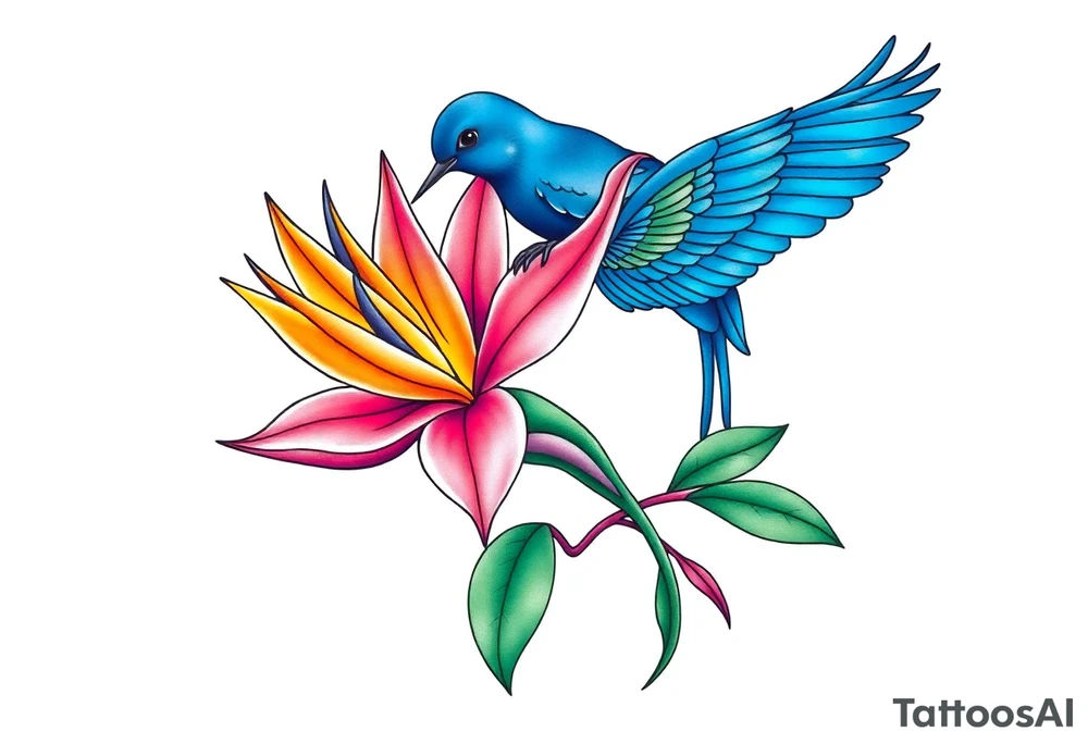 Bird of paradise flower with blue bird tattoo idea