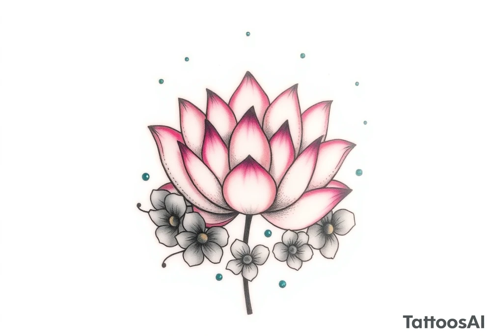 Lotus flower surrounded by forget me nots and peonies tattoo idea