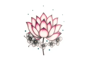 Lotus flower surrounded by forget me nots and peonies tattoo idea