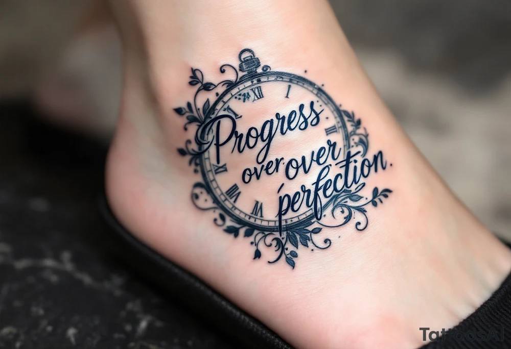 “Progress over perfection” in midnight blue, layered over a faded clock design in light gray. tattoo idea