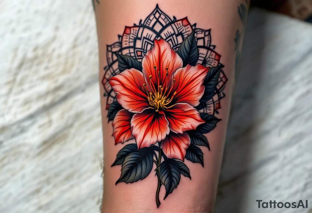 red  and black rhododendron trippy with mandala behind tattoo idea