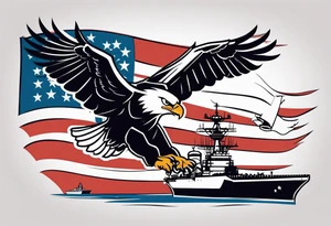 eagle flying in front of aircraft carrier holding American flag in beak tattoo idea