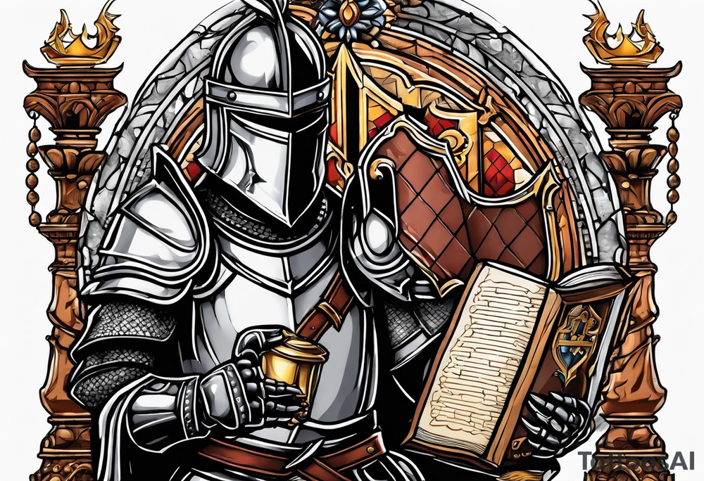 knight holding a bible over his head tattoo idea