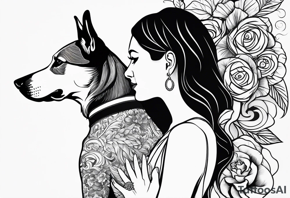 dog reaching hand of a woman and woman as her back facing us tattoo idea