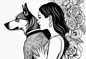 dog reaching hand of a woman and woman as her back facing us tattoo idea