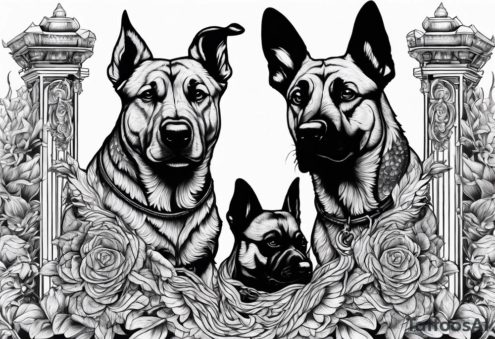 A three headed dog standing in fire with a black gate behind tattoo idea A three headed dog standing in fire with a black gate behind tattoo idea