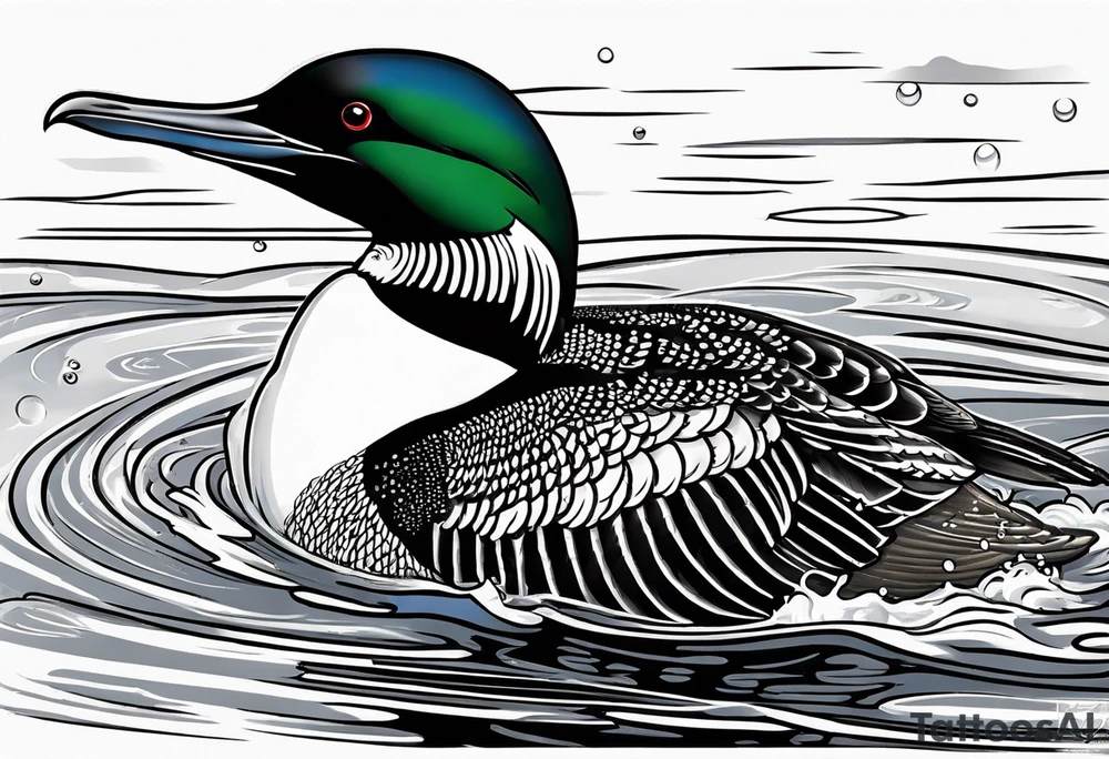 A North American common loon looking majestic as it spreads its wings in the water. On the mid-upper thigh. Don’t have a background. Make sure it is just the loon. The image should be face directly at the loon’s chest. tattoo idea