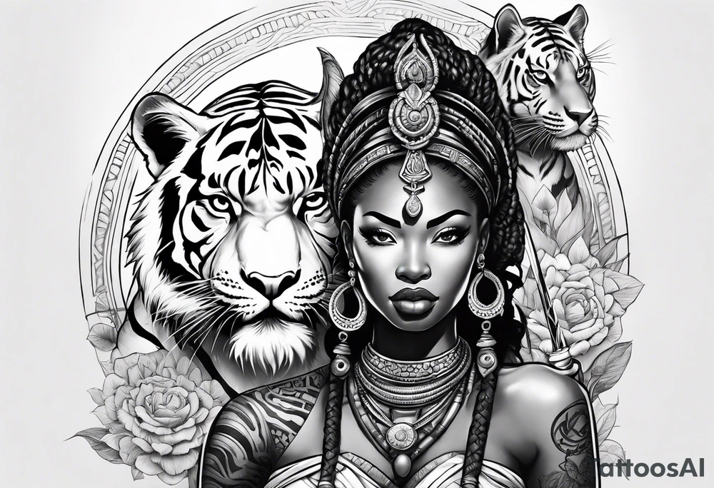 African goddess with sword and tiger Japanese traditional style full sleeve tattoo tattoo idea