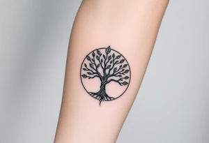 Tree with few leaves, encircled in a circle, with a line starting from the roots, and spiraling outward in a 
clockwise direction tattoo idea