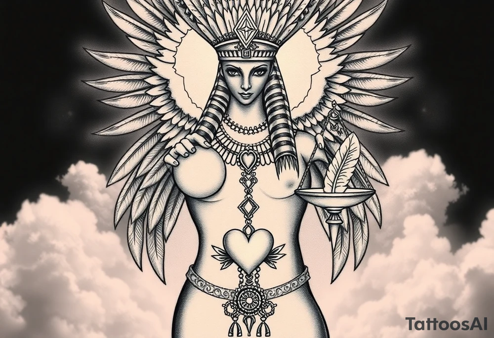 Beautiful Egyptian goddess with a curvy body, breasts showing, and wide hips. She is wearing an ostrich feather headdress, and intricate ancient Egyptian jewelry the Anhk necklace. Background includes something similar to heaven. Incorporate the Scales of Justice—one side holding a heart, the other Ma’at’s feather—glowing with ethereal energy. Emphasize dramatic lighting, deep shadows, and surreal, mystical atmosphere tattoo idea