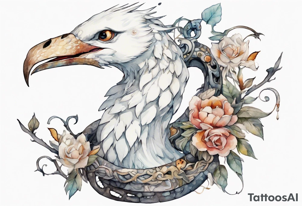 a white bird-serpent hybrid, wearing an iron crown on her head tattoo idea