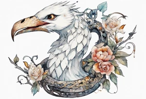 a white bird-serpent hybrid, wearing an iron crown on her head tattoo idea