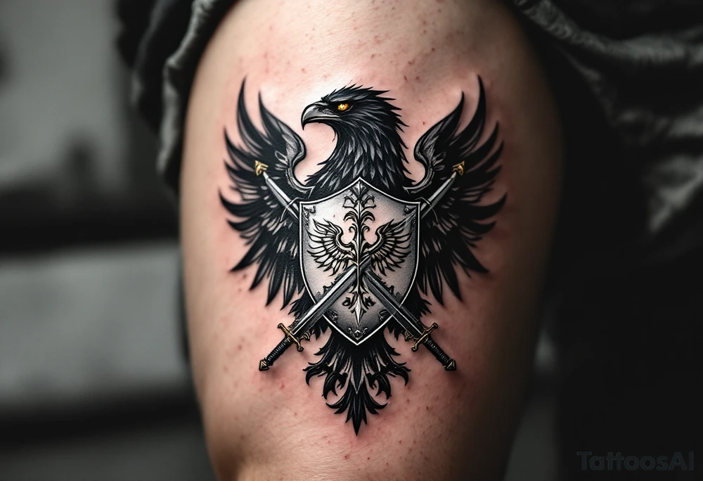 Silesian Eagle with a Shield and Swords – A fierce black eagle clutching a silver shield with traditional Silesian patterns, crossed by two ornate medieval swords. The eagle’s eyes glow in deep amber, symbolizing vigilance and protection. tattoo idea