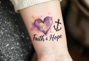 "Love, Faith, Hope" written in a flowing handwritten style beneath a heart, cross, and anchor in muted earth tones. tattoo idea