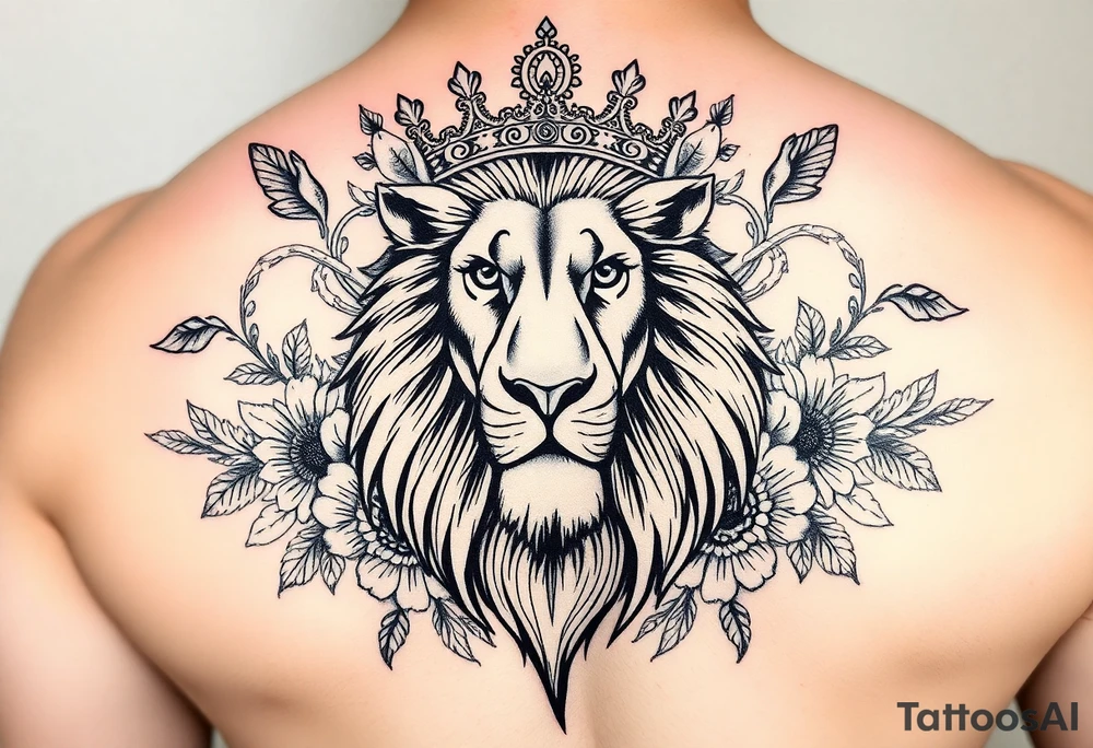 powerful majestic lion with a crown, surrounded by floral ornaments and birds tattoo idea