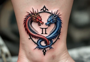 A mirrored twin dragon design, one fiery red and gold, the other icy blue and silver, intertwined in a circular dance and with Gemini glyph tattoo idea