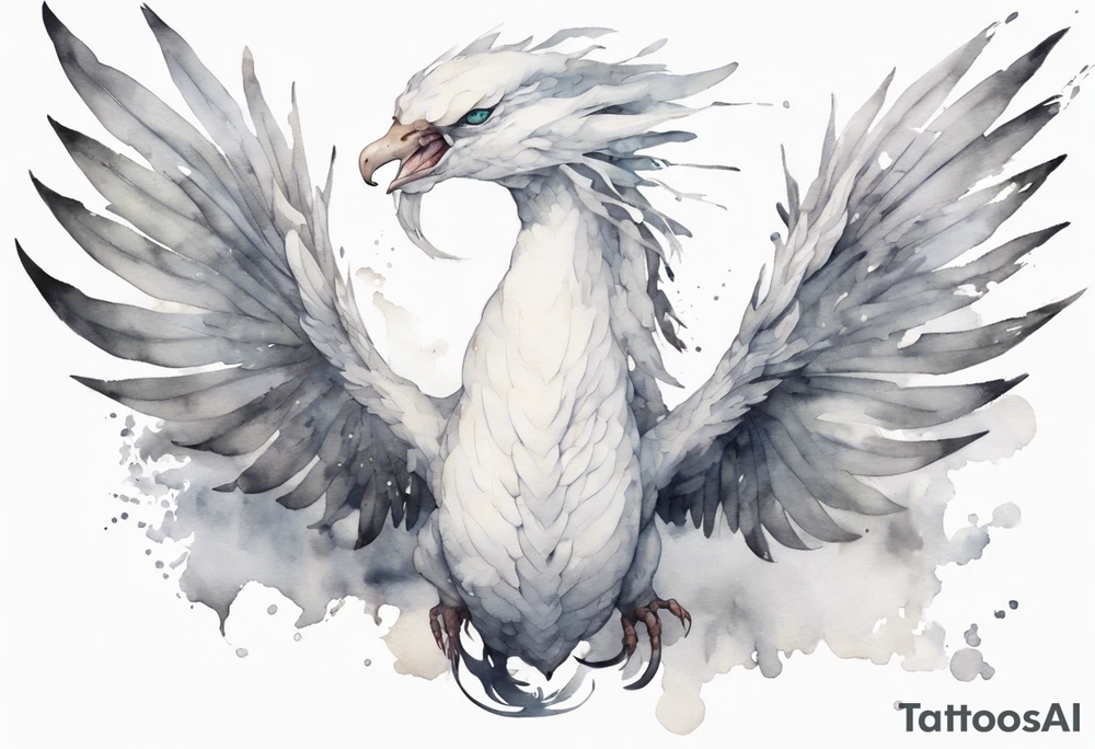 a white bird-serpent hybrid, wearing a small grey crown on its head, flying in the air tattoo idea