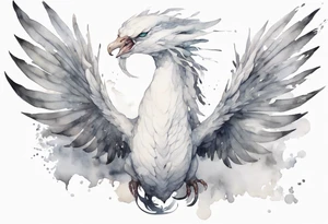 a white bird-serpent hybrid, wearing a small grey crown on its head, flying in the air tattoo idea