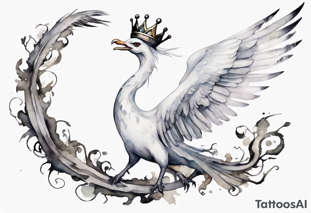 a white bird-serpent hybrid, wearing a small crown, flying in the air tattoo idea