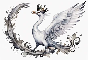 a white bird-serpent hybrid, wearing a small crown, flying in the air tattoo idea