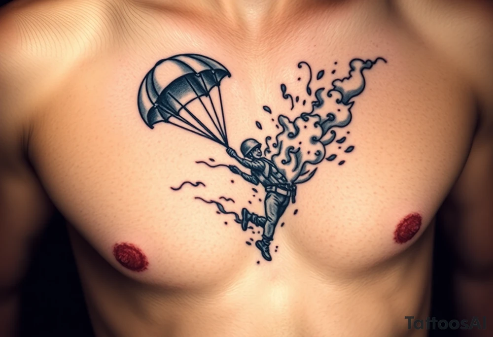 A parachuting soldier falling into an open book. Chaos surrounding, but the book is protecting the soldier from it. On the chest. Make the tattoo smaller. Make it thought provoking. Make the chaos in the environment be an eerie mist. Make the pages in the book be blank. Just one soldier, no other characters. the book is old. tattoo idea