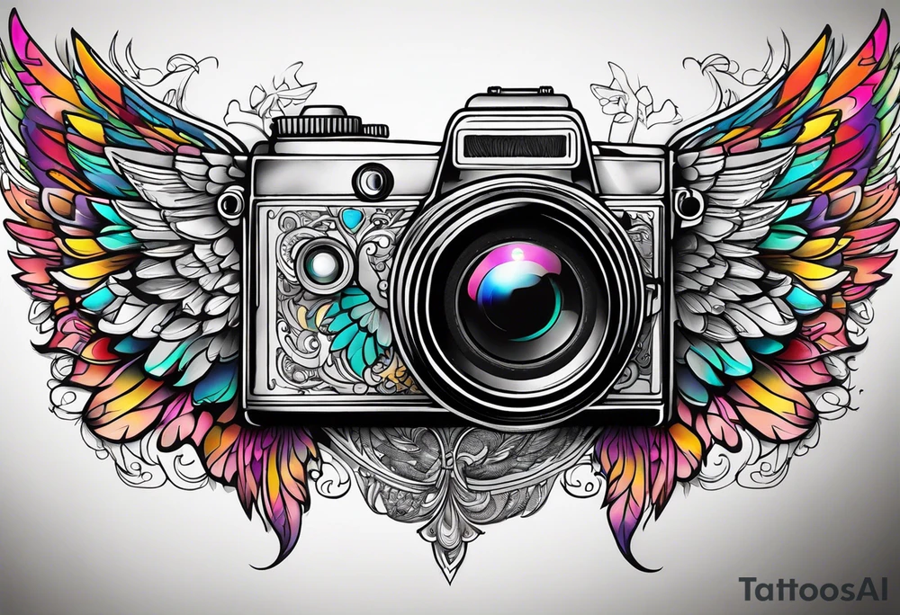 Camera with angel wings tattoo idea