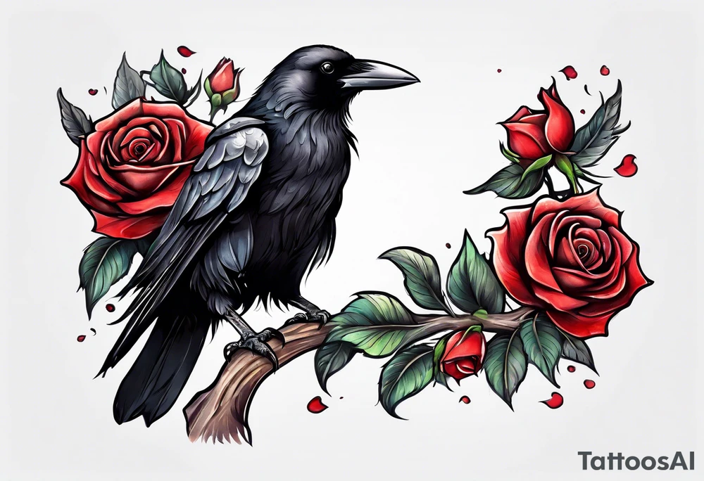 Crow standing holding a red rose tattoo idea