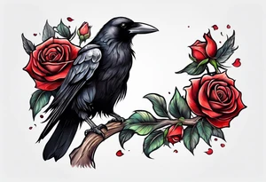 Crow standing holding a red rose tattoo idea