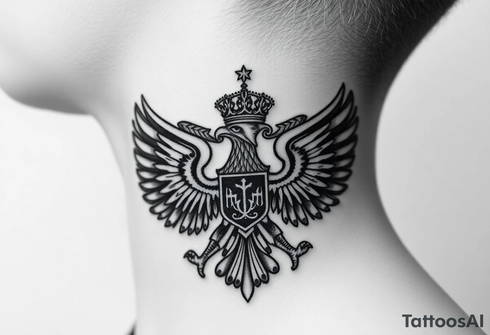 St. George, 3 russian imperial crowns above the Russian coat of arms double eagle and above sitting in its wingspan have a Russian sabre, Kremlin or St. Basil's Cathedral scene  on the side of my neck tattoo idea