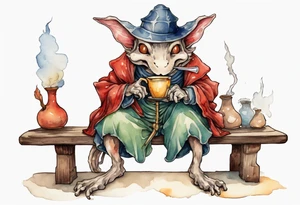 a mushroom kobold
wearing a medieval tunic sitting on a bench by a fireplace drinking from a wood cup, happy tattoo idea