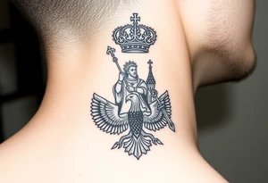 St. George slaying the dragon (hugely common in Russian Orthodox art)
Russian imperial crown above the eagle
Crossed swords or a Russian sabre
The Kremlin or St. Basil's Cathedral scene tattoo idea