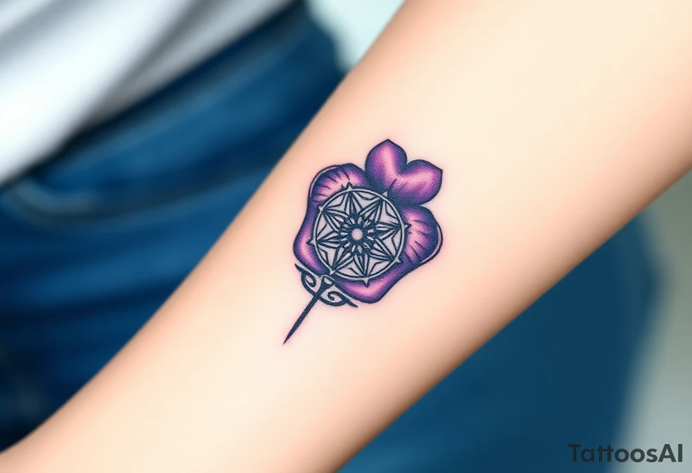 A single Violet with detailed compass at its center representing feminine power and an ankh or Celtic knot tattoo idea