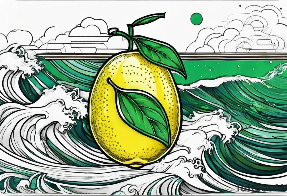 A lemon-Buoy with a green leaf-flag on waves tattoo idea