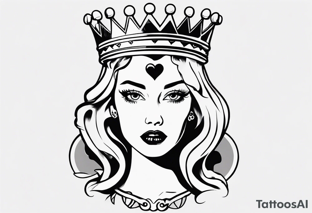pin-up queen of hearts with only whites in her eyes and a crown tattoo idea