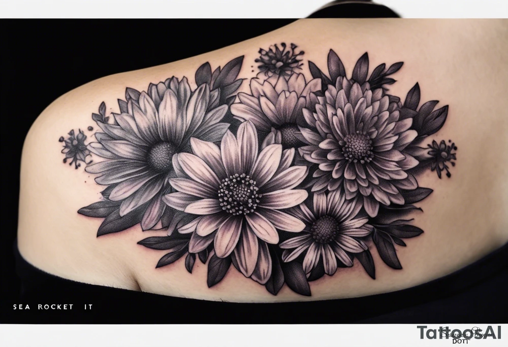 Aster flowers - sea rocket flowers with a cardinal around the words Dad tattoo idea