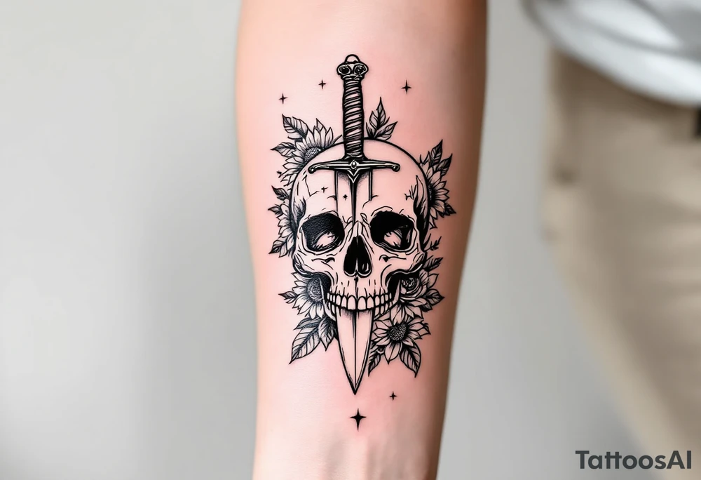 Skull, dagger piercing a heart with roses and sunflowers tattoo idea