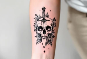 Skull, dagger piercing a heart with roses and sunflowers tattoo idea