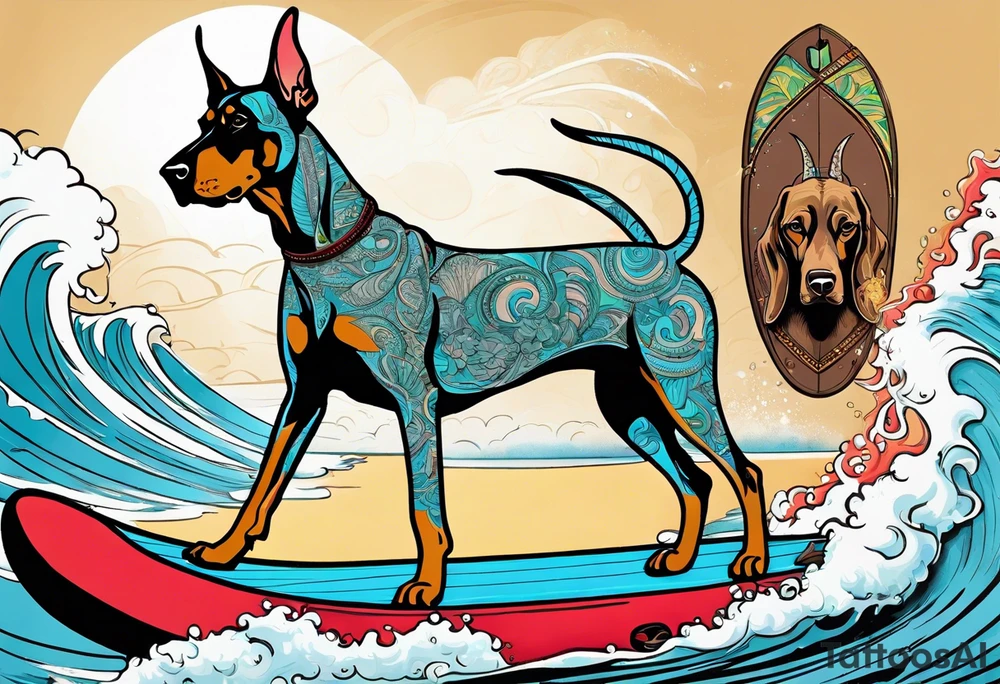 doberman smoking a cigar on a surfboard with a goat with larger horns tattoo idea