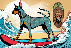 doberman smoking a cigar on a surfboard with a goat with larger horns tattoo idea