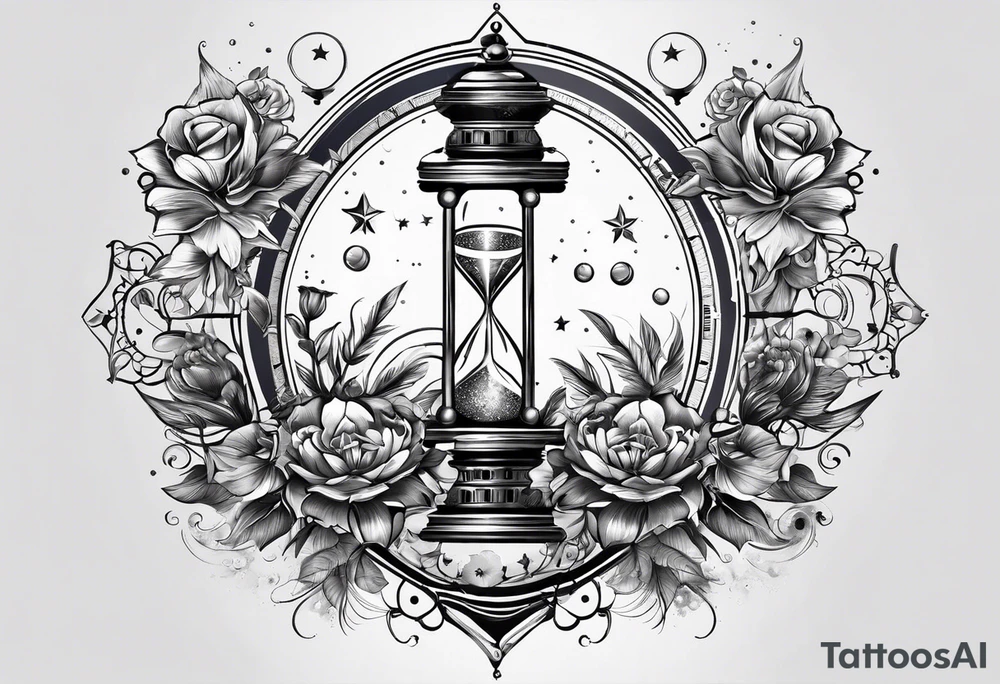 Mix an hourglass with a nautical clock with the addition of planets, galaxies and flower spikes to give a design to print on a t-shirt, the design should be in one color in the form of a tattoo and all the shapes should be mixed to give one shape tattoo idea