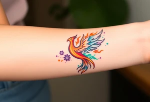 Phoenix with blazing flames with purple, orange, teal and green splashes tattoo idea
