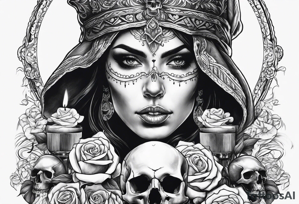 Skull and candle and evil woman's face above tattoo idea