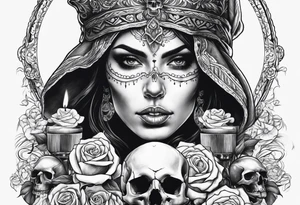 Skull and candle and evil woman's face above tattoo idea