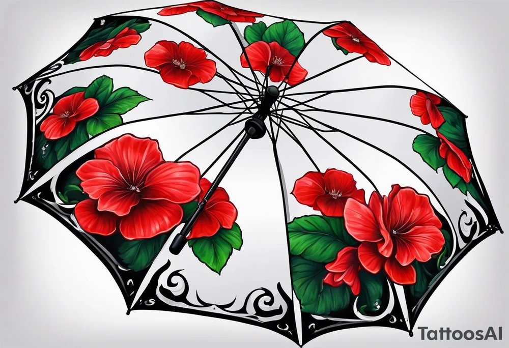 Upside down Umbrella with red geraniums with rain tattoo idea