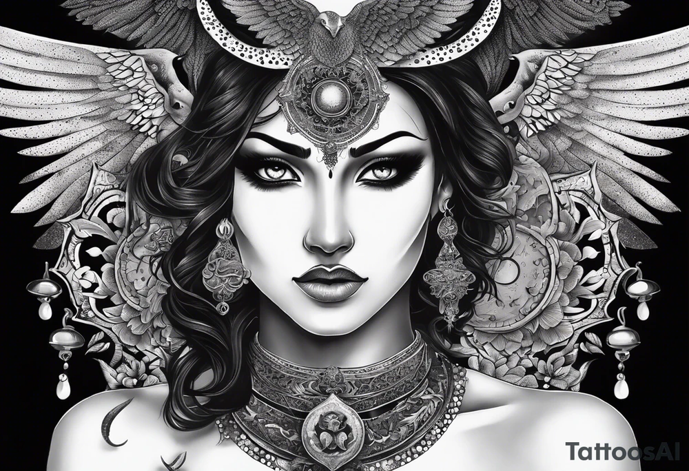 black kali, goddess pirate, alien, angel, pachamama, valkrye, warrior, flying, skull, lotus azul, wing, eagle, zenza resonance, stars, 5D, anahata chakra, death, durga, riding on a tiger, flying lady, kundalini, chest tatoo, samuri, rebel, serpent tattoo idea