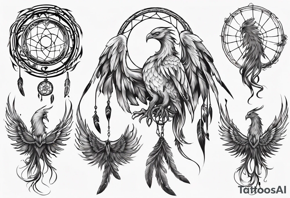 Phoenix with dream catcher tail tattoo idea