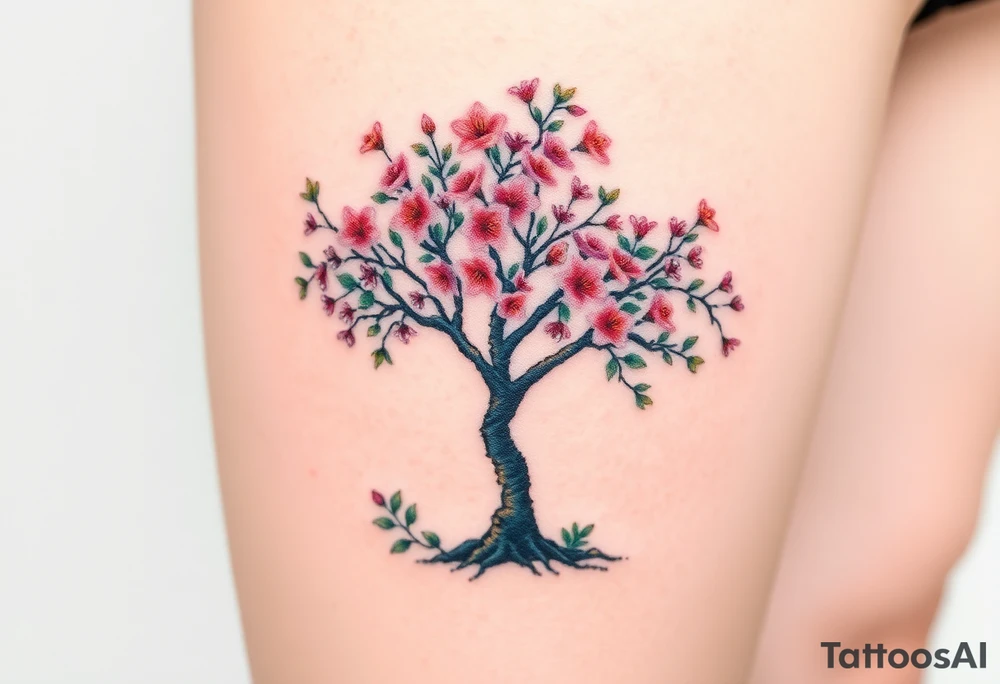 Flowering Hawthorn tree with  lillys planted on each side of the Hawthorn tree tattoo idea