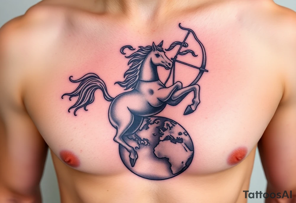 half-man half-horse with bow hovering over the world tattoo idea
